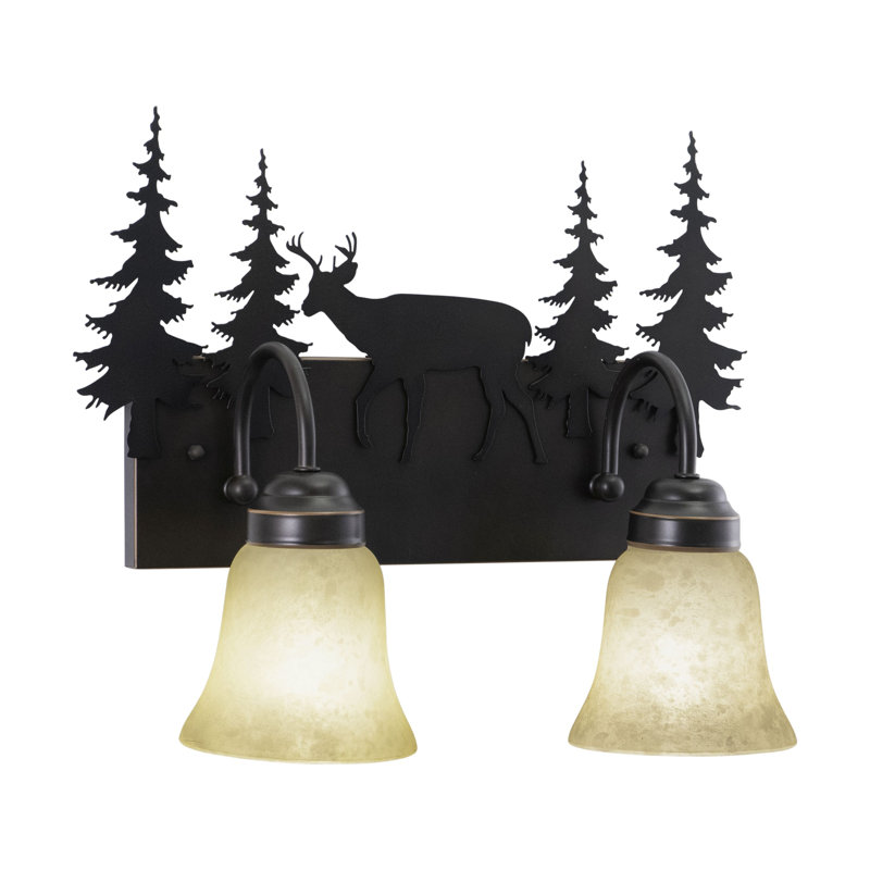 Jensen 2-Light 16.75 inch Wide Burnished Bronze Rustic Cabine Bathroom Vanity Lighting Fixture, Amber Flake Glass Shade, Deer and Trees, Dimmable, LED Compatible, Over the Mirror Wall Mounted