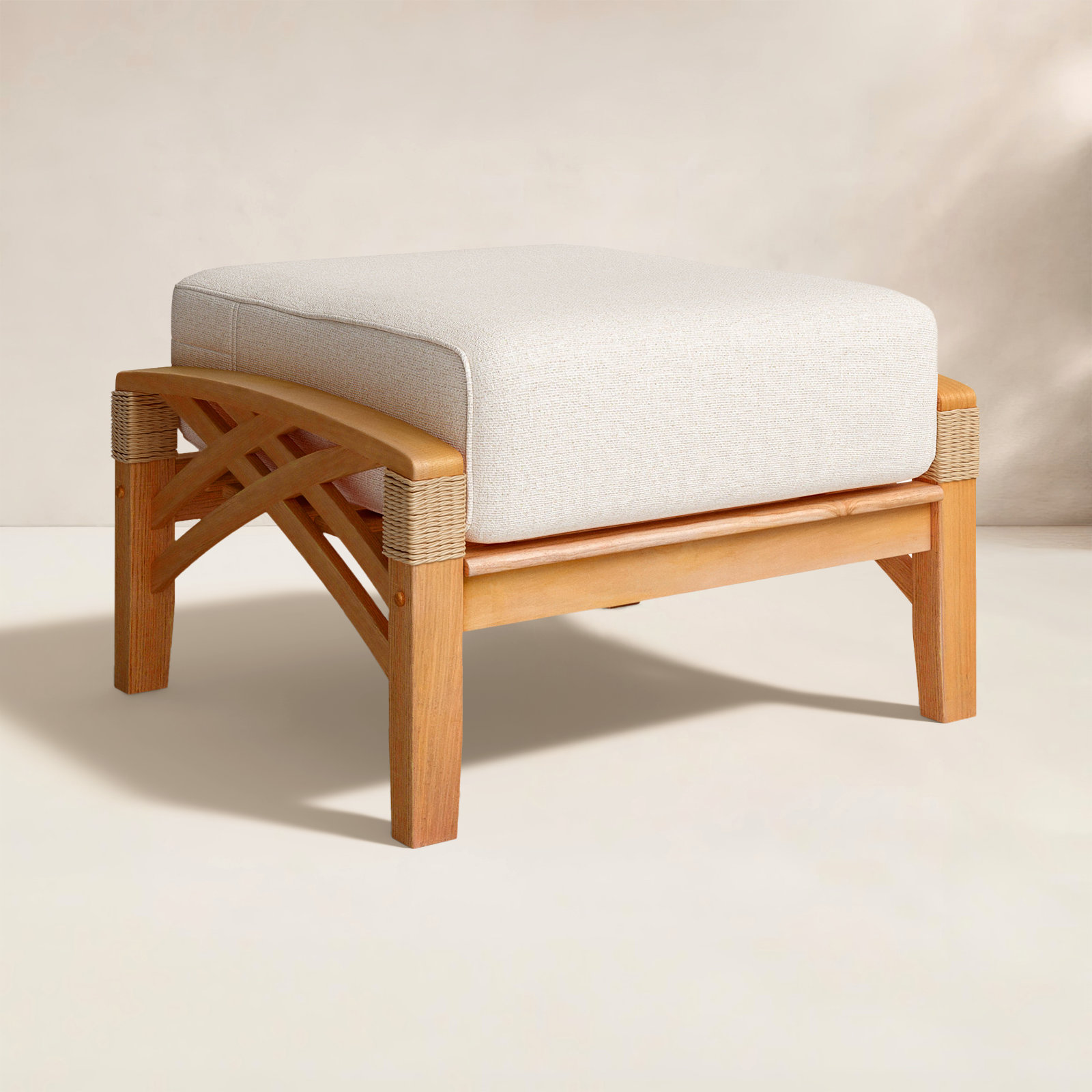 Cotesfield Teak Outdoor Ottoman with Cushion, Tan Performance Basketweave