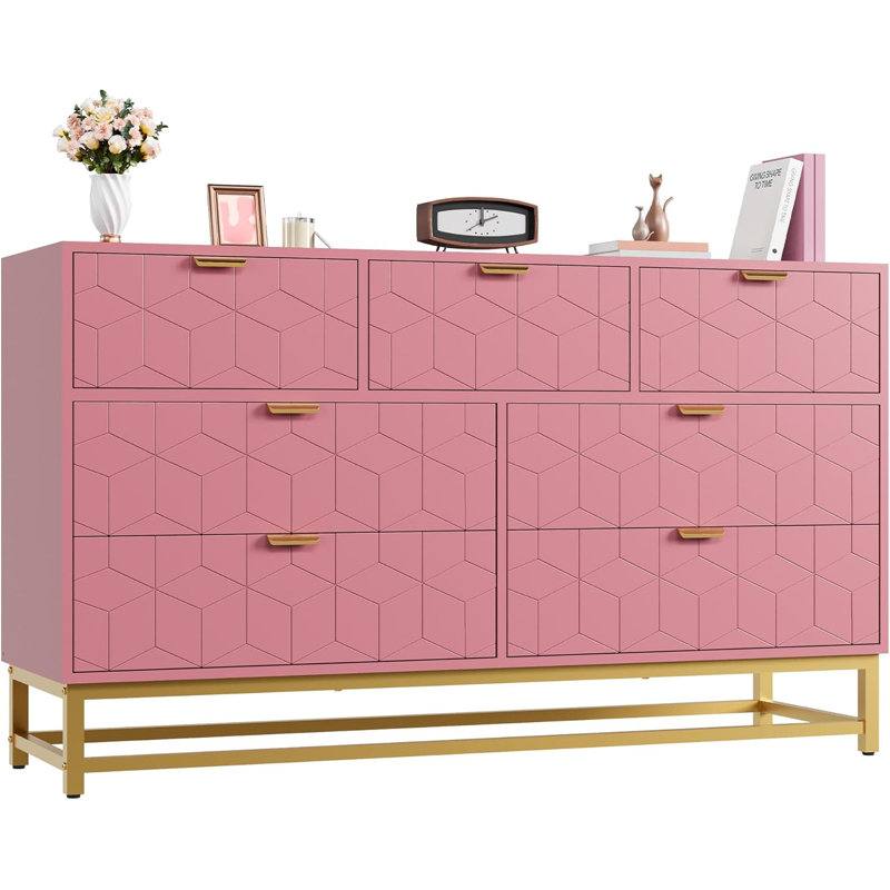 Pink 7 Drawer Dresser for Bedroom 53.5' Large Dresser with Metal Legs Modern Chest Organizer with Wide Storage Chest of Drawers for Bedroom Living Room Entryway