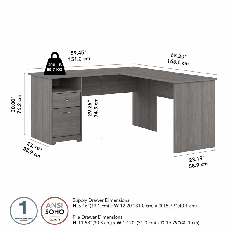 Bureau d'ordinateur en L Ozro, H 30 po x l 60 po x P 65,2 po, Gris moderne