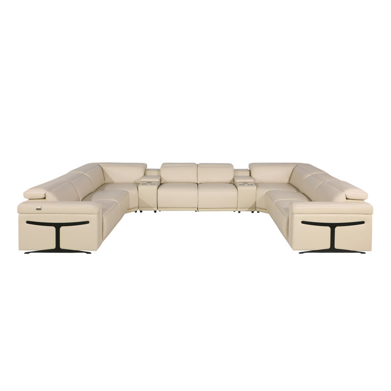 Stanwinn 10 – Piece 4 Power Reclining Top Grain Italian Leather Sectional with Power Headrest, Beige Genuine Leather