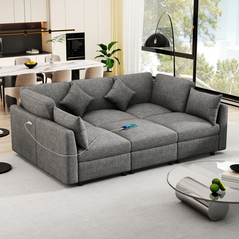 Canapé modulaire, canapé modulaire, canapé en U avec repose-pieds mobile et deux ports USB pour le salon