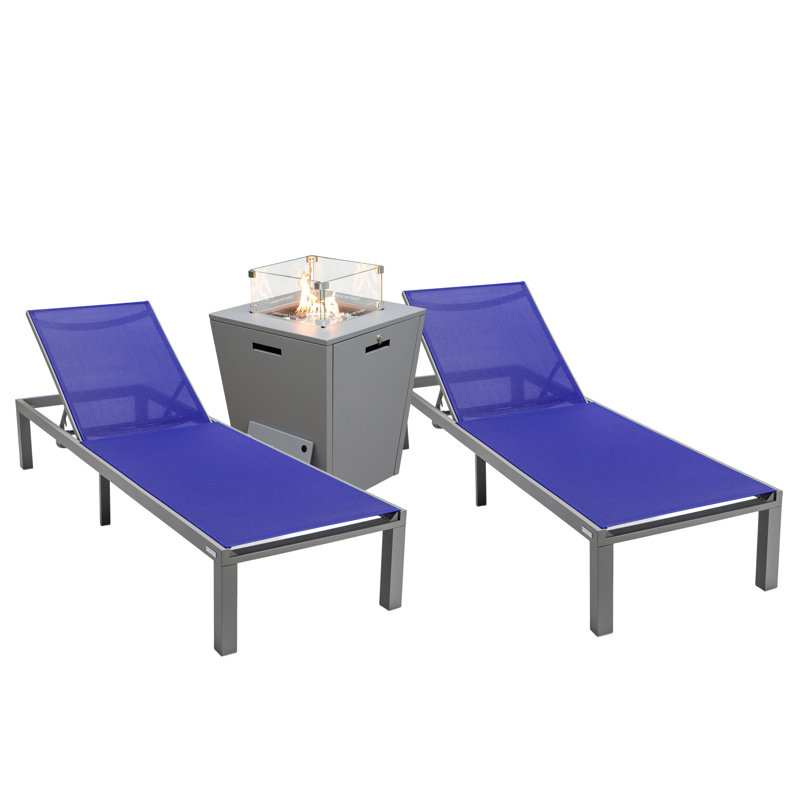 Dueitt Outdoor Aluminum Chaise Lounge Chair with Fire Pit Side Table, Navy Blue, Gray