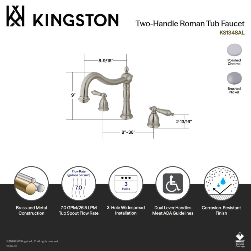 Kingston Brass Heritage Two-Handle 3-Hole Deck Mount Roman Tub Faucet, Polished Chrome