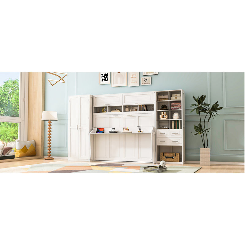 Lit mural blanc avec configuration personnalisable et tablettes de rangement latérales pour un usage domestique