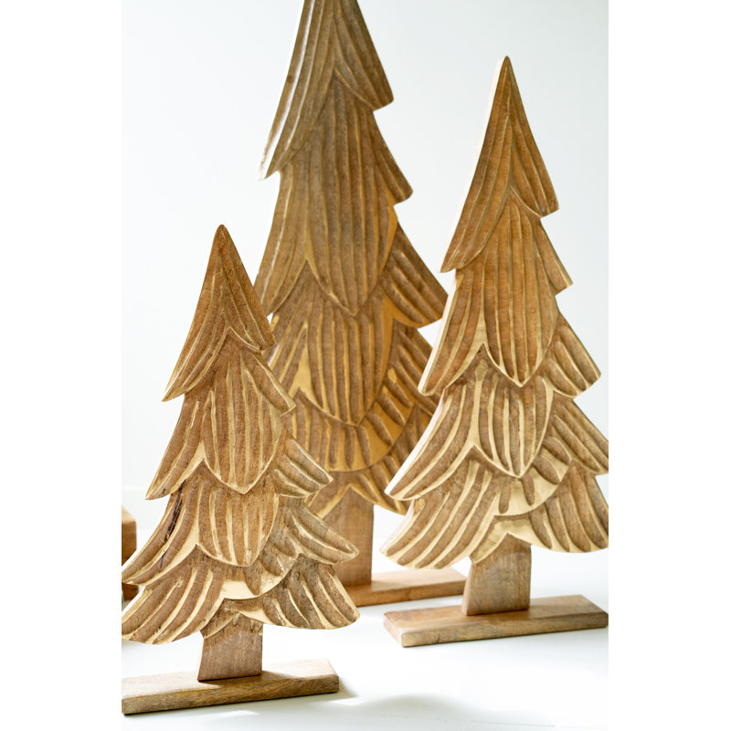 SET OF THREE CARVED WOODEN CHRISTMAS TREES ON BASES - NATURAL WITH GOLD DETAIL
