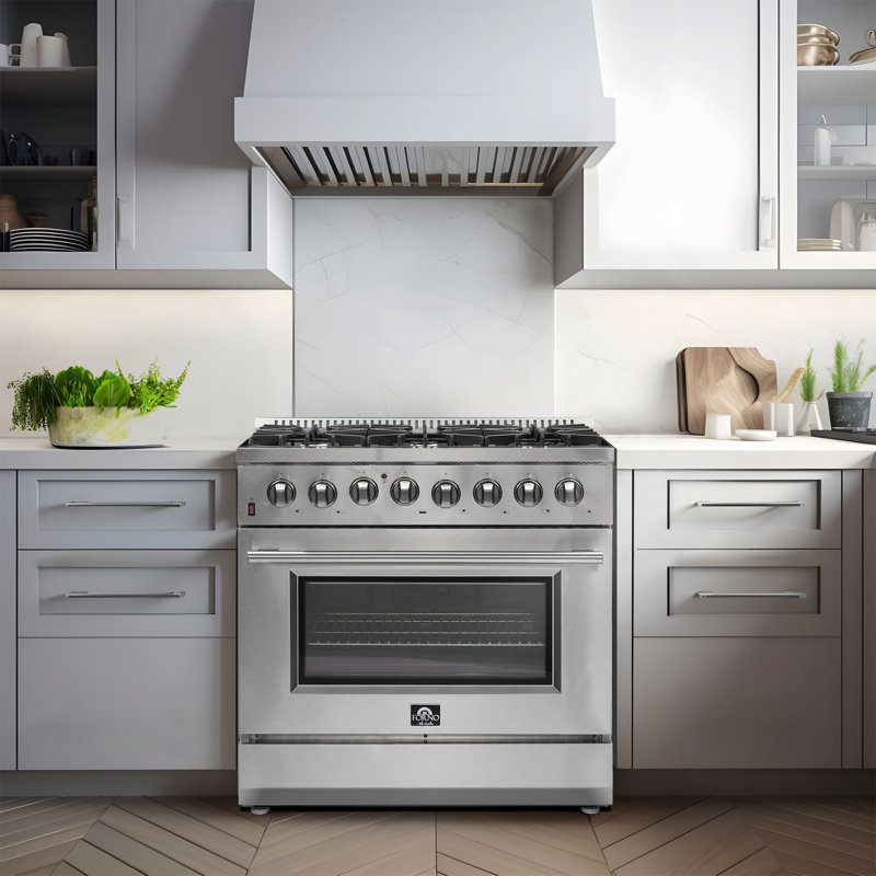 Ensemble de cuisine 3 pièces FORNO Premium - Cuisinière à double combustible 36 po Galiano, réfrigérateur 36 po, lave-vaisselle 24 po