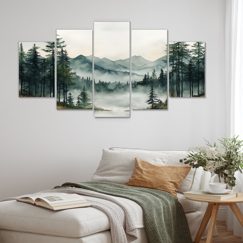 «Green Pine Trees Mist Morning I», ensemble de reproduction d'art sur pin