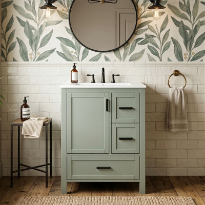 24-Inch Modern Bathroom Storage Vanity With Sink, Solid Wood Frame Cabinet With 3 Sorting Drawers And Soft-Close Doors, 4 Colors