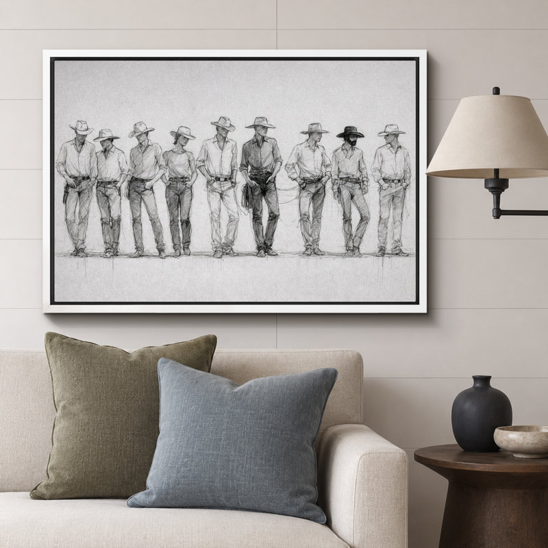 Illustration de ligne Western Cowboy, photos de salon rustique ranch, impression sur toile encadrée, Cadre blanc