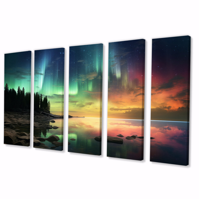 «Magical Lake Landscape Aurora Borealis», reproduction d'art mural Northern Lights - 5 panneaux égaux