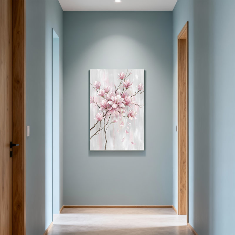 Plantes et fleurs de magnolia rose sur fond gris, H 18 po x l 12 po
