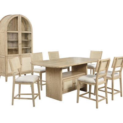 Table de salle à manger à 8 comptoirs en chêne beige, table rectangulaire, chaises rembourrées et vitrine pour chambre rustique-chic