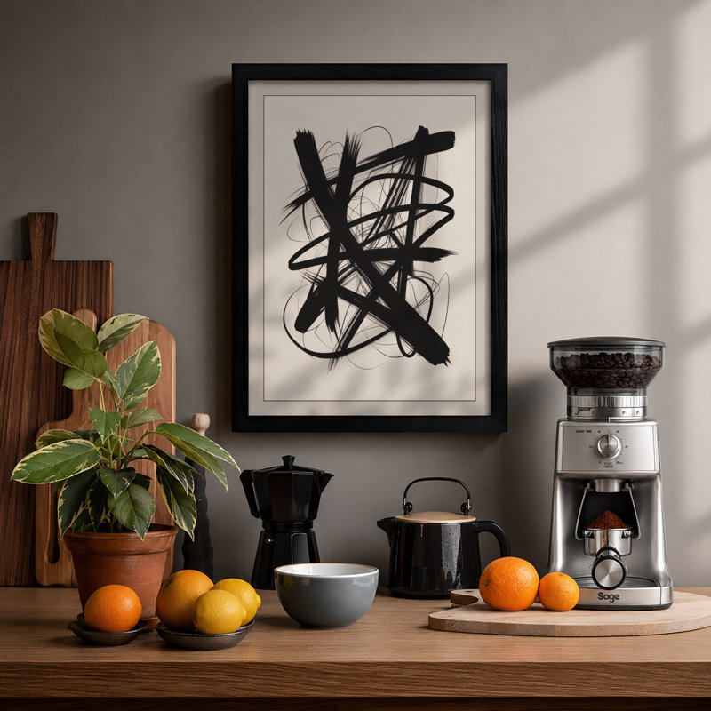 Gestural Energy Abstract - Framed Print, A3 - 42.0 x 29.7 cm, Black