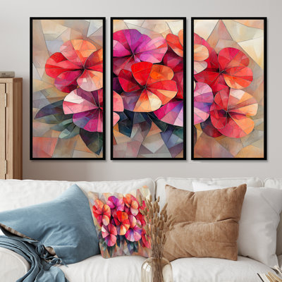 Geometric Geranium Blossoms Cubist - Geraniums Wall Art - Set Of 3