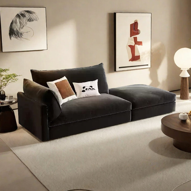 Canapé-lit en coton et lin avec repose-pieds, Orienté à gauche (vu de face), Noir, noir, noir, noir