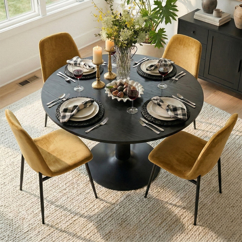 4 - Person Dining Table Sets With Round Table & 4 Upholstered Chenille Chairs, Gold