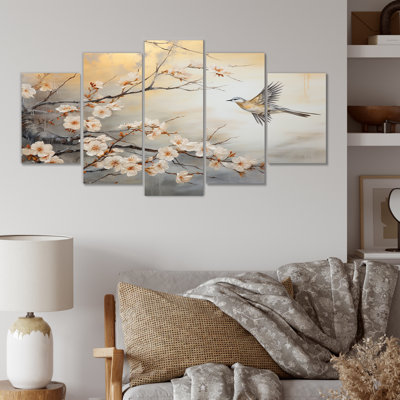 «Grey and White Birds on Floral Tree III», art mural multicolore sur toile