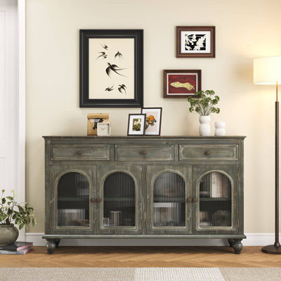 Buffet Farmhouse, crédence en bois vieilli avec 3 tiroirs et 4 portes en verre, armoire de rangement rustique avec tablettes