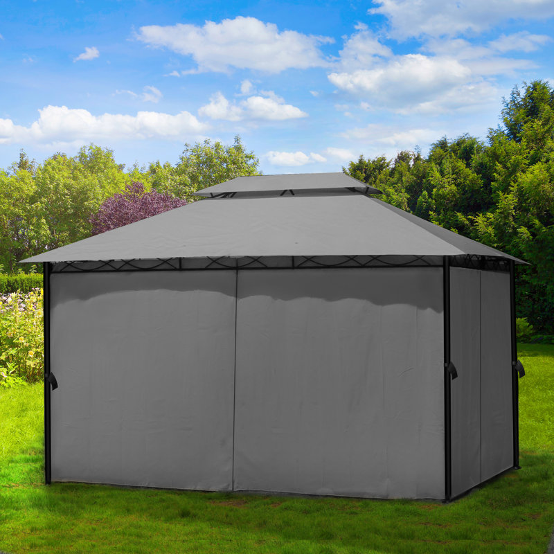 Pavillon de jardin en acier à toit souple avec rideau épais (assemblage rapide sans outil), Gris