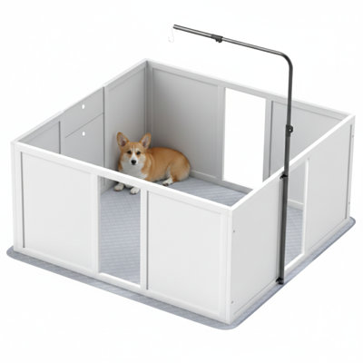 L'enclos de mise bas pour chiens, comprend des fournitures pour chiots nouveau-nés avec un support de lumière rétractable, un coussin imperméable et une porte à hauteur réglable convenant aux chiens de petite et moyenne race, dimensions 39 par 38 pouces