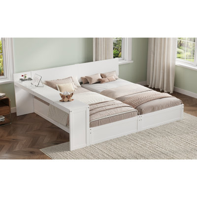 Ensemble de lit plateforme simple avec bureau de rangement réglable, 2 lits simples avec tablettes flexibles, installation à gauche, au centre ou à droite, lits simples pour 2 enfants avec bureau de rangement, blanc