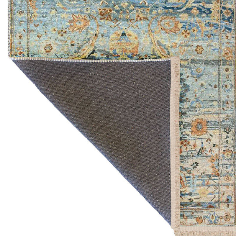 Tapis bleu à motif abstrait et motif traditionnel rétro de la collection Barcelona, Rectangle 3'9.81" x 4'11.06"