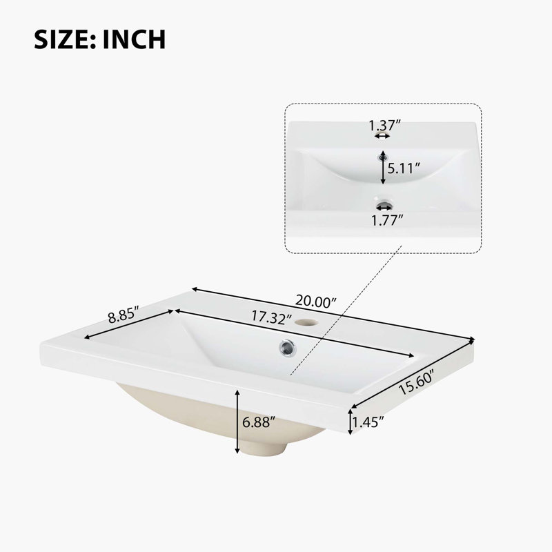 20 in. White MDF Single Sink Freestanding Bath Vanity with Ceramic Top