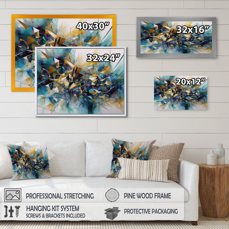 Golden Explosion Triangles III - Art géométrique abstrait, H 12 po x l 20 po x P 1 po, Toile tendue