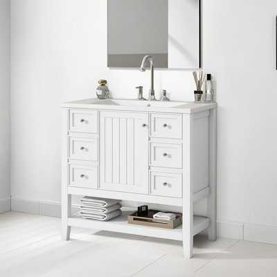 36" Bathroom Vanity With Sink Combo, One Cabinet And Three Drawers, Solid Wood And MDF Board