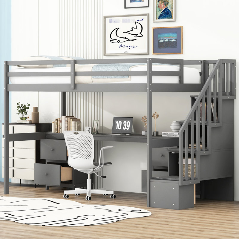 Twin Size Loft Bed In Grey With Desk And Double Storage Options For Captivation