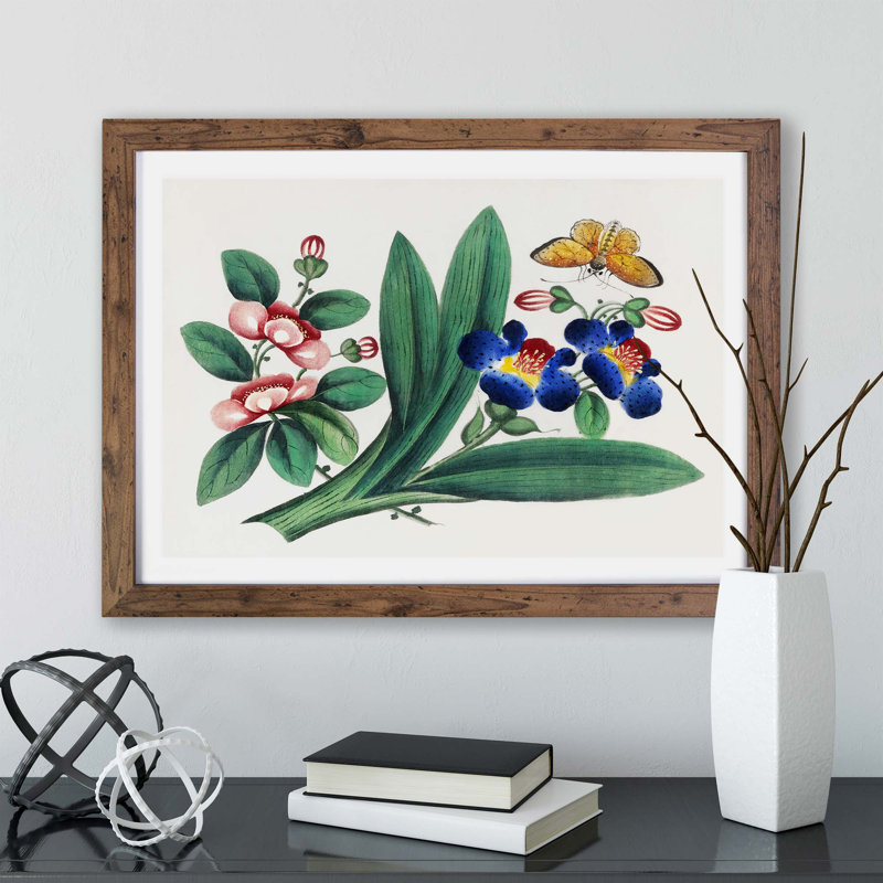 A Butterfly & Flowers - Framed Print, 24cm H x 33cm W x 2cm D, Walnut