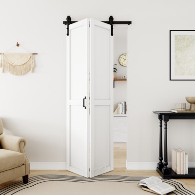 84" Height Bi-Fold Barn Door Assembled White Primed Solid Core with Mid Bar Brace Closet Pantry Doors with Hardware Kit (Fitting Under 25-inch Width Opening)