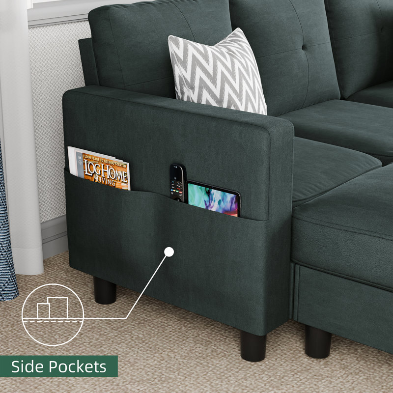 Serio Convertible Sectional Sofa Couch, L Shaped 3 Seater Sofa Couch with Storage Ottoman and Side Pockets, Dark Grey Fabric