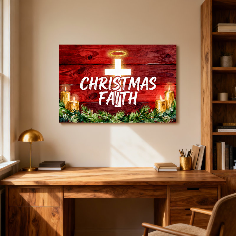 Foi de Noël, croix, bougies en croix, branches de pin, fond en bois, H 12 po x l 18 po