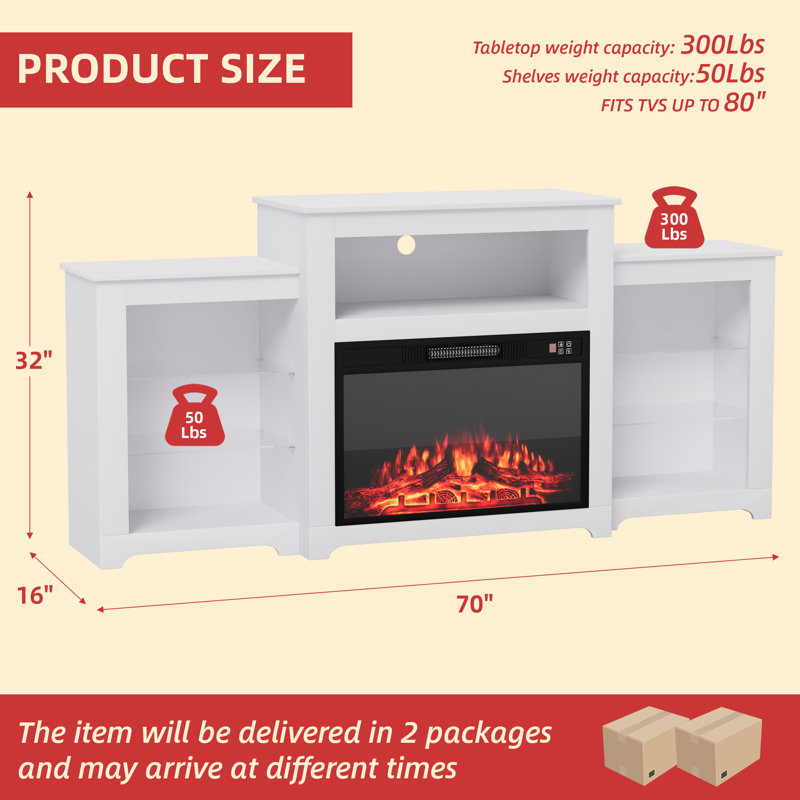 70" W Manufactured Wood TV Stand with Electric Fireplace , White