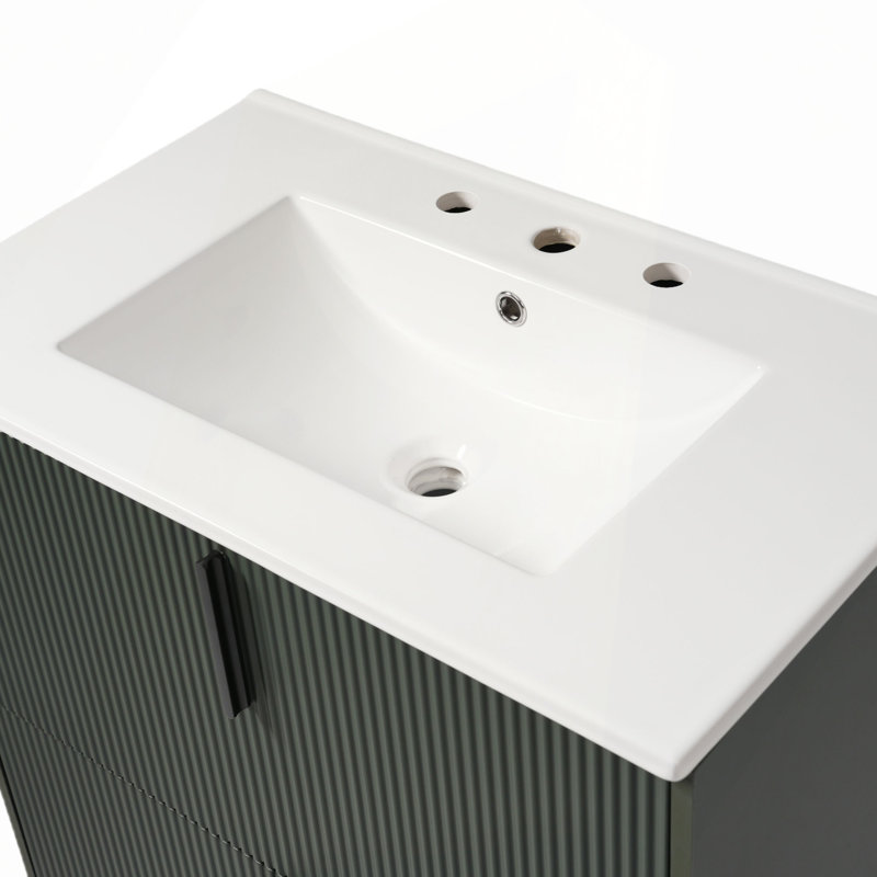 Meuble-lavabo de 30 po avec lavabo en céramique et tiroirs pleine extension, glissières de tiroir à fermeture en douceur, conception cannelée
