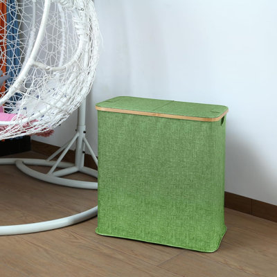 Laundry Hamper With Lid, Double Laundry Hamper With 2 Removable Bags, 2 Section Laundry Basket With Bamboo Handles For Bathroom, Bedroom & Laundry Room,140L Green