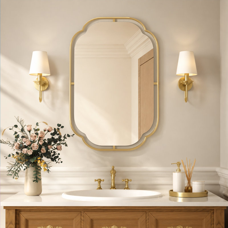 Modern Scalloped Corner Wall Mirror, 46 x 26 Anti-Rust Iron Frame & HD Glass Boho Rectangle Bathroom Mirror for Vanity, Bedroom, Over Sink, Entryway