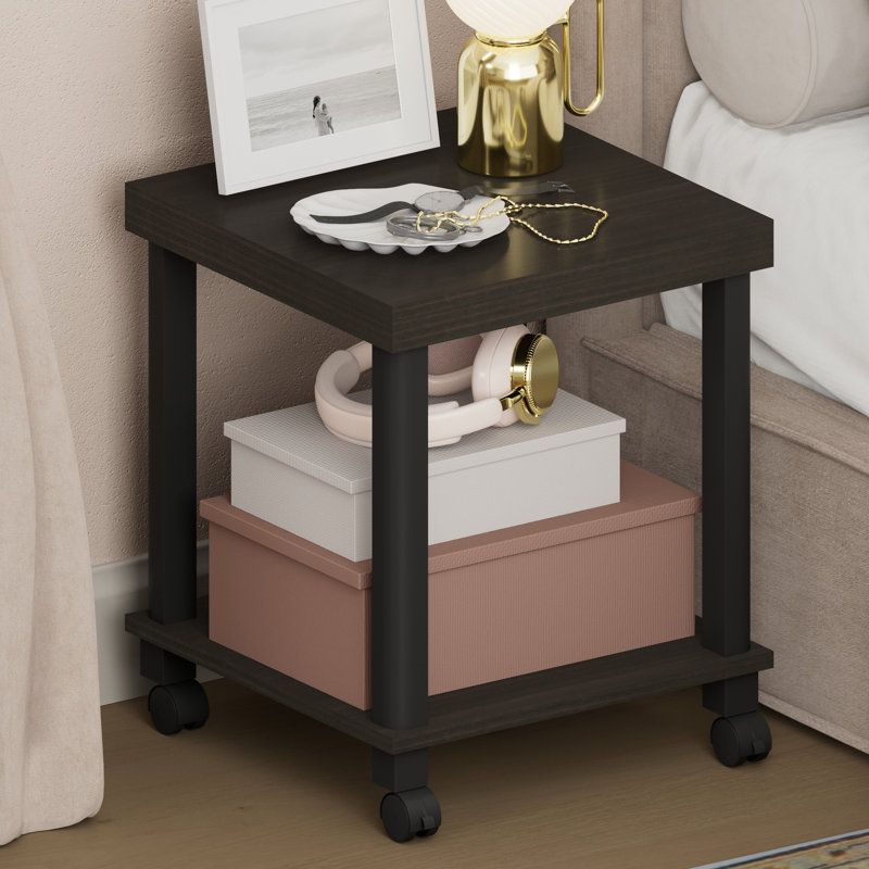 Table de chevet Furinno TAIR-N-TUBE, table de chevet de table épaisse à 2 niveaux avec roulettes, table d'appoint sans outils, table de bout avec tablette ouverte, pour salon, chambre à coucher, espresso