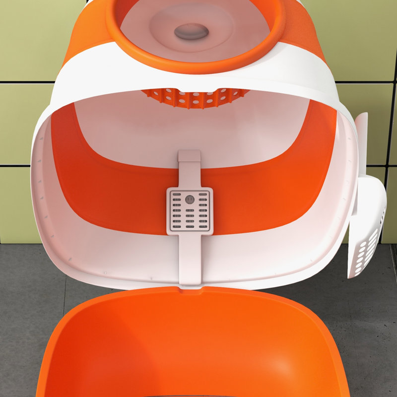 Plastic Litter Box Enclosure with Scoop, Orange/White