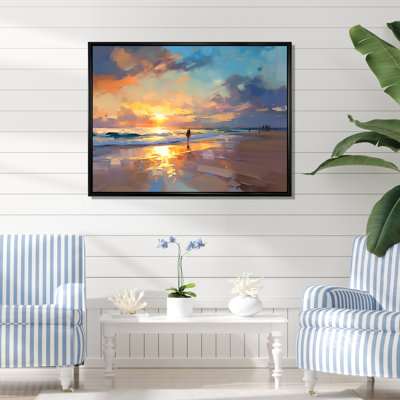 «Sunset Serenity By Ocean» en rose tendre et bleu sur toile