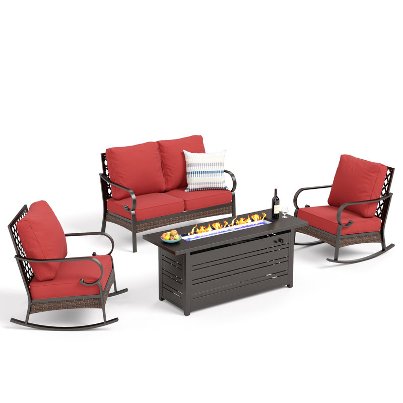 Ensemble de conversation pour 4 personnes avec table et coussins en acier inoxydable, Noir / rouge / noir