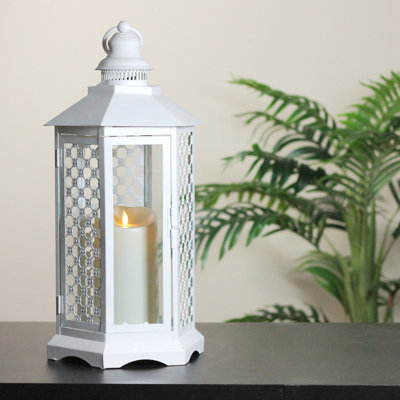 19" White Floral Lattice Lantern with Luminara Flameless LED Lighted Candle