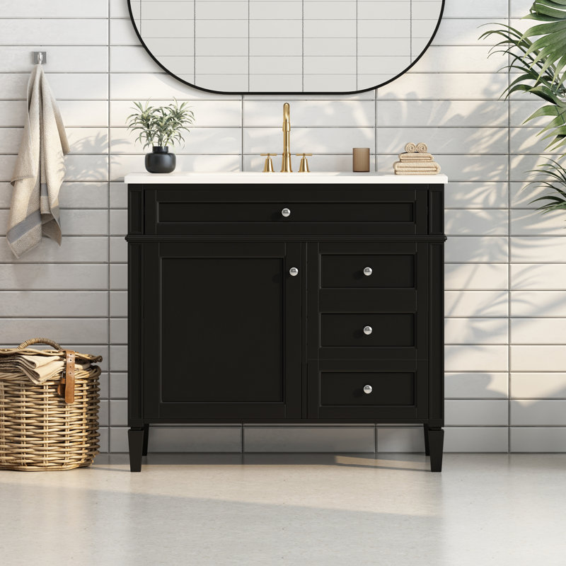 Meuble-lavabo de 36 po avec lavabo supérieur, meuble-lavabo moderne avec 2 tiroirs et tiroir escamotable, meuble-lavabo simple