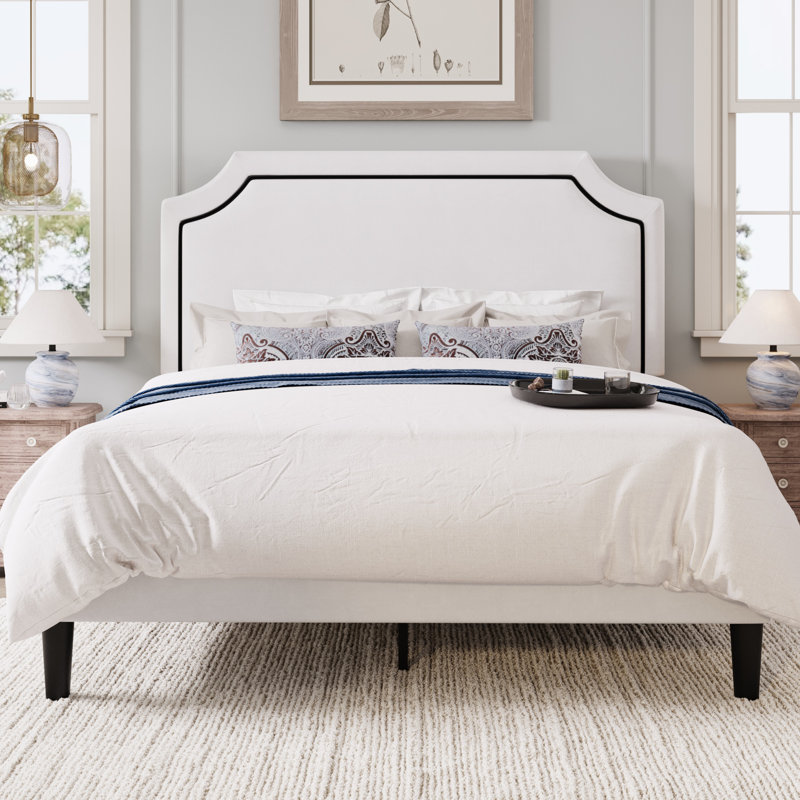 Structure de lit moderne tapissier avec tête de lit ajustable, Blanc, Grand lit
