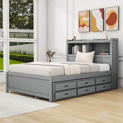 Lit plateforme double en bois avec tiroir gigogne simple et ports USB Leanni