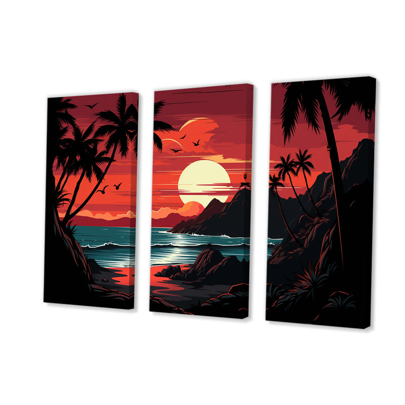 Coucher de soleil rouge audacieux paysage - coucher de soleil côtier, art mural, Toile tendue, H 28 po x l 36 po x P 1 po