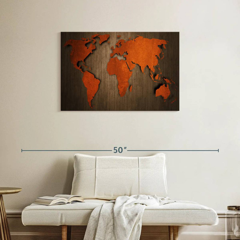 Ancienne carte du monde en bois Aliaz, H 24 po x l 36 po