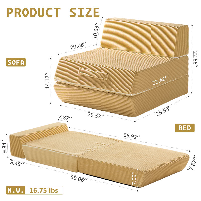 Folding Sofa Bed, 16lbs Convertible Sleeper Chair with Removable Back Pillow & Handle, Portable Fold Out Chair Bed Comfy Floor Sofa Lounge for Living Room, Bedroom, Single, Camel